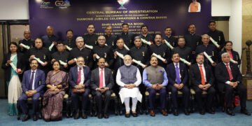 PM with awardees at the Diamond Jubilee Celebrations  of CBI at Vigyan Bhawan, in New Delhi on April 3, 2023.