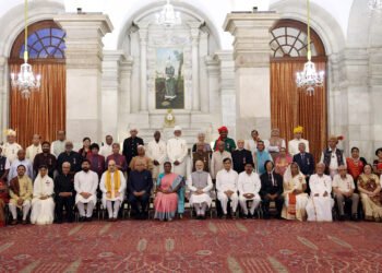 The President, Smt. Droupadi Murmu, the Vice President, Shri Jagdeep Dhankhar and PM with the Padma Awardees 2023, at the Civil Investiture Ceremony-II at Rashtrapati Bhavan, in New Delhi on April 05, 2023.