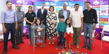 At the TCS World 10K Bengaluru 2023 Philanthropy Meet & Greet at the event media center on Tuesday (L to R), Shambhavi from Right to Live (Kote Foundation); Arati Kakatkar, VP, Procam International; Fundraiser & Runner Gautham CB; Zamrooda Khanday (CEO aidbees); Somnath Bhagvatula (VP, HR Atkins); Hemanshu Desai (Shrimad Rajchandra Love & Care); and youngest fundraisers Kiva Mehta and Sahaj Mehta.