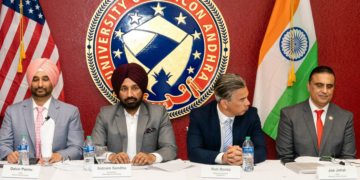 Satnam Singh Sandhu, Chancellor Chandigarh University & Chief Patron NID Foundation, Indian Origin entrepreneurs, Dr. Dalvir Singh Pannu & Joe Johal during Conference on Indo-US ties at California.