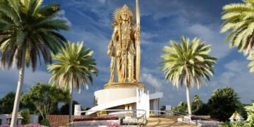 Glimpse of the 108 feet tall statue of Lord Shri Ram which were lays the foundation stone by the Union Minister for Home Affairs and Cooperation, Shri Amit Shah in Kurnool, Andhra Pradesh through video conferencing on July 23, 2023.