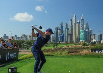 Rory McIlroy tees off at the Hero Dubai Desert Classic