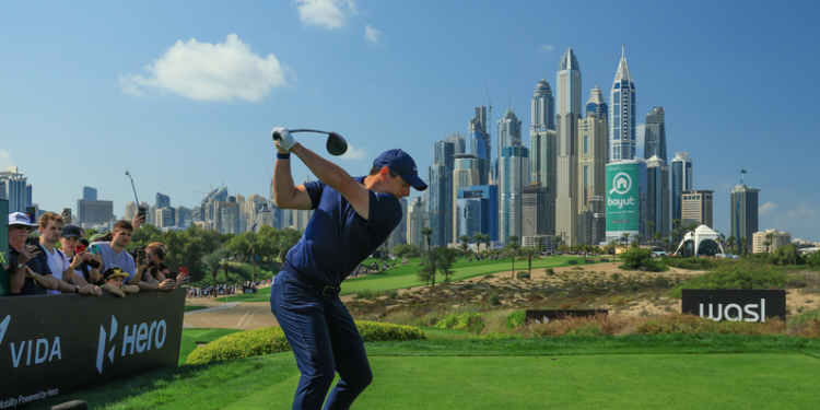 Rory McIlroy tees off at the Hero Dubai Desert Classic