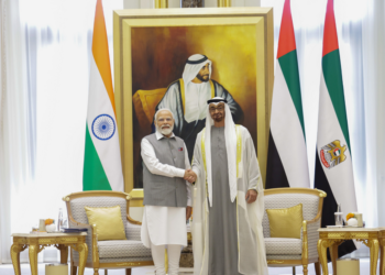 PM meets with the President of the United Arab Emirates (UAE), Sheikh Mohamed bin Zayed Al Nahyan at Qasr Ai-Watan (Presidential Palace), in Abu Dhabi, UAE on July 15, 2023.