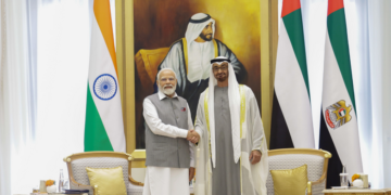 PM meets with the President of the United Arab Emirates (UAE), Sheikh Mohamed bin Zayed Al Nahyan at Qasr Ai-Watan (Presidential Palace), in Abu Dhabi, UAE on July 15, 2023.