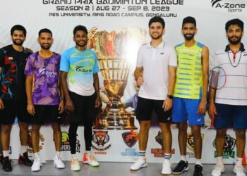 (From left) India’s leading badminton players Sai Praneeth, Gouse Shaik, Siddarth Elango, Nithin HV, Sumeeth Reddy and Raghu Mariswamy after the exhibition match.