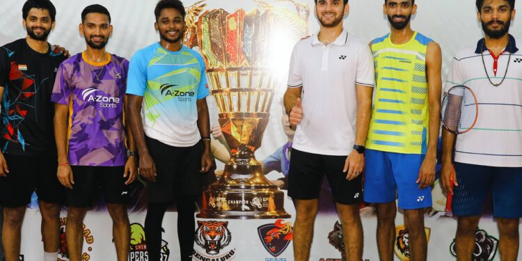 (From left) India’s leading badminton players Sai Praneeth, Gouse Shaik, Siddarth Elango, Nithin HV, Sumeeth Reddy and Raghu Mariswamy after the exhibition match.