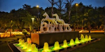 The Stone-carved White Horses Statue installed at the roundabout of Mansingh Road on the occasion of the G20 Summit preparations, in New Delhi on August 27, 2023.