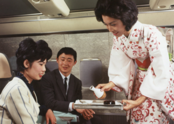 23-08-23
Each Japanese stewardess was given a set amount of money to buy a kimono of their choice from their local shop, the only stipulation being that it must be of a traditional pattern and design