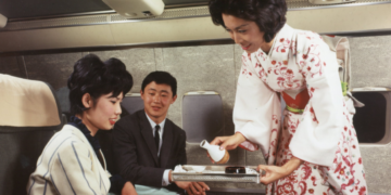 23-08-23
Each Japanese stewardess was given a set amount of money to buy a kimono of their choice from their local shop, the only stipulation being that it must be of a traditional pattern and design