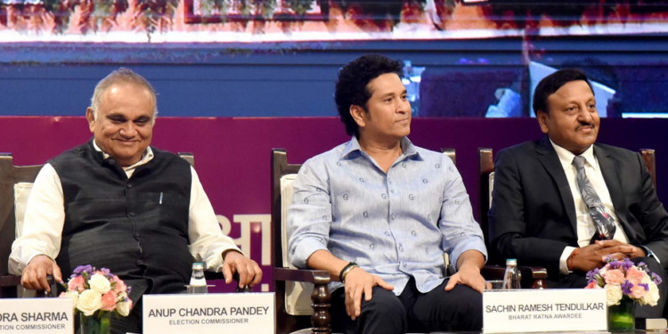 Bharat Ratna awardee and Cricket legend Shri Sachin Tendulkar began a new innings as the ‘National Icon’ for voter awareness and education for the Election Commission of India in presence of the Chief Election Commissioner Shri Rajiv Kumar and Election Commissioners Shri Anup Chandra Pandey and Shri Arun Goel., in New Delhi on August 23, 2023.