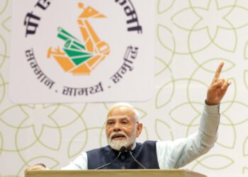 PM addressing the gathering at launch and dedication event of PM Vishwakarma Scheme and Yashobhoomi at India International Convention and Expo Centre on the occasion of Vishwakarma Jayanti at Dwarka, in New Delhi on September 17, 2023.