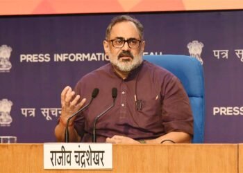 The Minister of State for Skill Development & Entrepreneurship, Electronics and Information Technology,  Rajeev Chandrasekhar addressing a Press Conference on the Outcomes of the G20 Digital Economy Ministers' Meeting at National Media Centre, in New Delhi on September 05, 2023.