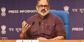 The Minister of State for Skill Development & Entrepreneurship, Electronics and Information Technology,  Rajeev Chandrasekhar addressing a Press Conference on the Outcomes of the G20 Digital Economy Ministers' Meeting at National Media Centre, in New Delhi on September 05, 2023.