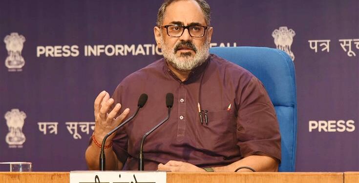 The Minister of State for Skill Development & Entrepreneurship, Electronics and Information Technology,  Rajeev Chandrasekhar addressing a Press Conference on the Outcomes of the G20 Digital Economy Ministers' Meeting at National Media Centre, in New Delhi on September 05, 2023.
