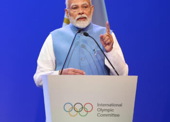 PM addressing the gathering at the inauguration of the 141st International Olympic Committee (IOC) Session, in Mumbai on October 14, 2023.