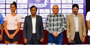 From left: Dharaka Ellawala, ITF Supervisor, Sharmada Balu, Bhaskar, Vice President, Bowring Institute, Sunil Yajaman, Tournament Director and Hon. Jt. Secy, KSLTA, Suresh Rao, Tennis Member In-charge, Bowring Institute and LN Ajay Singh, Director Sales and Marketing, Advait Hyundai during the press conference of the Bowring Institute ITF World Women's Tour on Saturday.