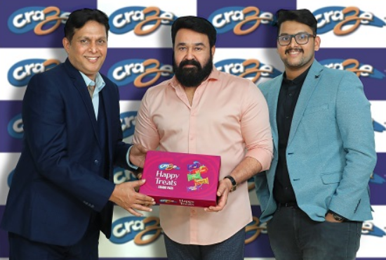 Craze Biscuits has appointed Mohanlal as their Brand Ambassador, Craze Chairman Abdul Azeez Chovanchery, Director Ali Ziyan, are seen alongside