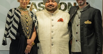 Mrunal Thakur and Jim Sarbh with designer JJ Valaya at the Blenders Pride Glassware Fashion NXT preview in Hyderabad