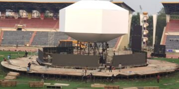 Photo caption:
The Sarusajai Sports Complex in Guwahati getting ready for the Khelo India University Games 2023 Ashtalakshmi opening ceremony on February 19. (Photo: Khelo India)
