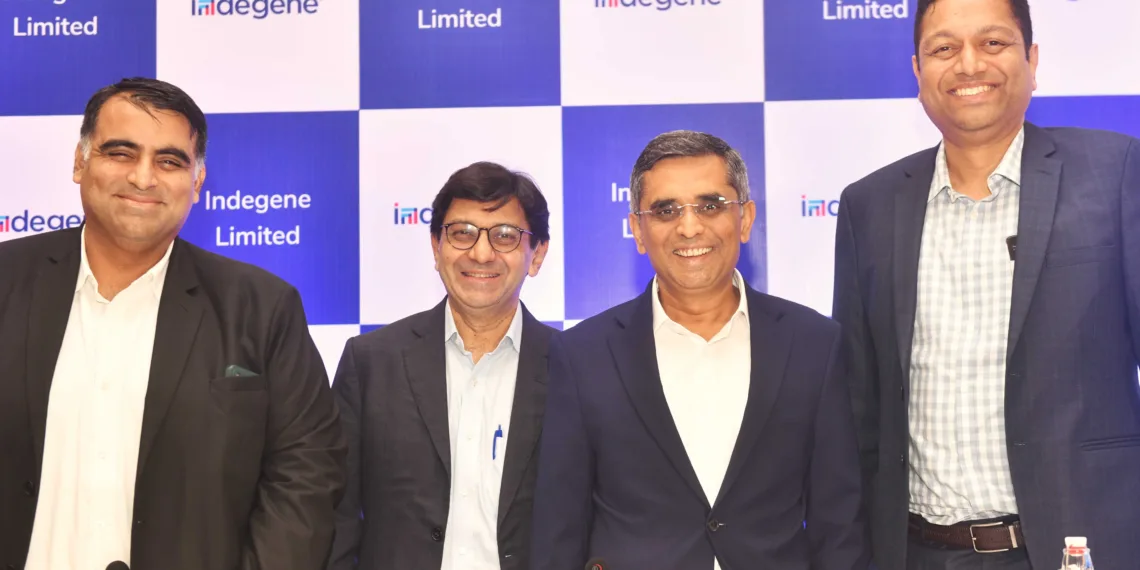 L to R : VISHAL KANJANI EXECUTIVE DIRECTOR, NOMURA FINANCIAL ADVISORY AND SECURITIES (INDIA) PVT LTD, DR. SANJAY SURESH PARIKH EXECUTIVE DIRECTOR AND EXECUTIVE VICE PRESIDENT INDEGENE LTD, MANISH GUPTA CHAIRMAN AND CEO INDEGENE LTD, SUHAS PRABHU CHIEF FINANCIAL OFFICER INDEGENE LTD