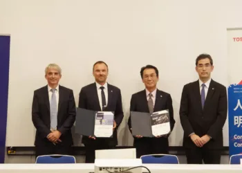 From left to right: Ludovic Ybanez, Airbus Head of Cryoprop demonstrator and Cryogenics technology; Airbus UpNext, Dr Grzegorz Ombach, Airbus Senior Vice President and Head of Disruptive R&T; Tsutomu Takeuchi, Toshiba’s Corporate Officer, responsible for Power Systems business, and Director of Toshiba Energy Systems & Solutions Corporation; and Kensuke Suzuki, Head of New Technology, Power System Division, Toshiba Energy Systems & Solutions Corporation.CREDIT:Airbus UpNext,